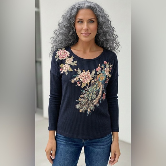 Johnny Was Tops - Johnny Was Blue Waffle Knit Cotton L/S Top w/Floral & Peacock Embroidery PXL